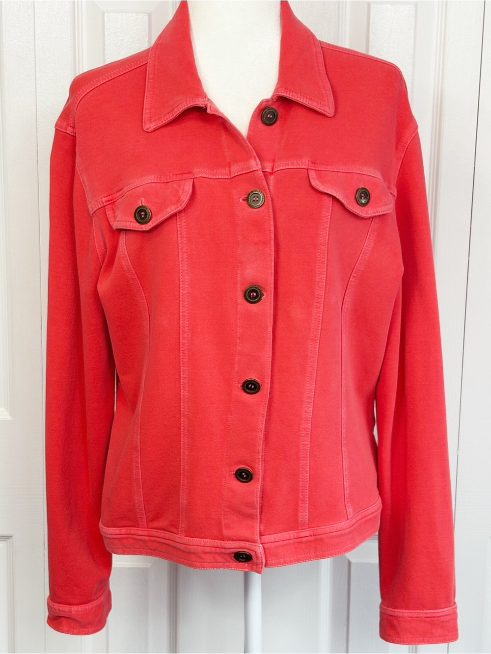 Fresh Produce Bright Coral Stretch Knit Long Sleeve Button Down Jacket Large